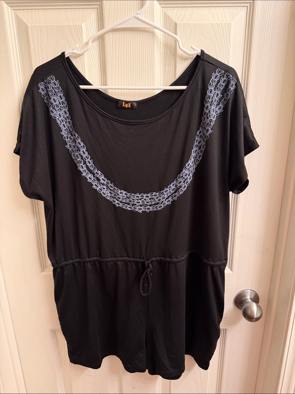 Liz Black Short-Sleeve Drawstring Romper with Gray/Light Bluish Lace-Style Trim